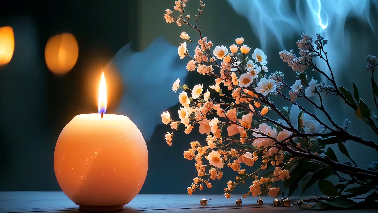 there is a candle that is lit on a table with flowers, candle light, candle lights, candlelit, candle lit, night with moon and candle, moon and candle, cozy candlelight, candlelight, natural candle lighting, lit with candles, orange candle flames, soft glow, hd wallpaper, candle, candle lighting, dramatic candlelight, glowing candles, candle lightning, beautiful wallpaper