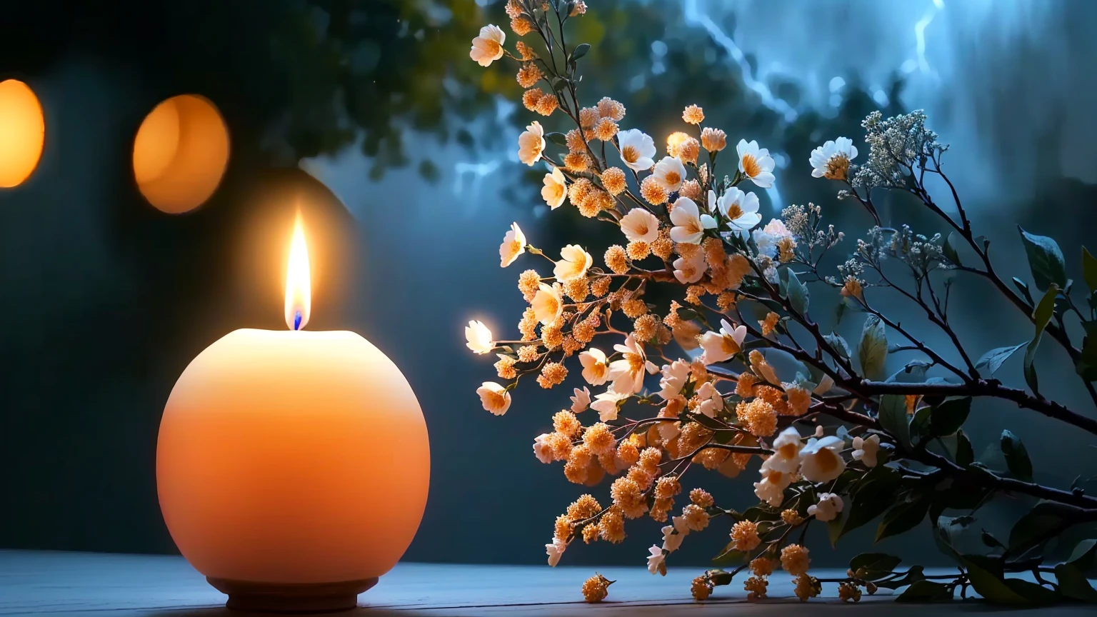 there is a candle that is lit on a table with flowers, candle light, candle lights, candlelit, candle lit, night with moon and candle, moon and candle, cozy candlelight, candlelight, natural candle lighting, lit with candles, orange candle flames, soft glow, hd wallpaper, candle, candle lighting, dramatic candlelight, glowing candles, candle lightning, beautiful wallpaper