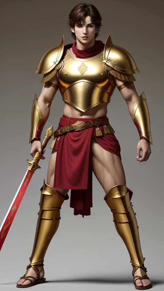 An ancient Greek warrior with the face of Jeon Jungkook. gold shoulder pads, Golden Belt, marked abdomen. red tunic, golden sword, warrior sandals. imposing posture. tall and thin. good body (musculature) (abdomen marcado) (abdomen descubierto) 