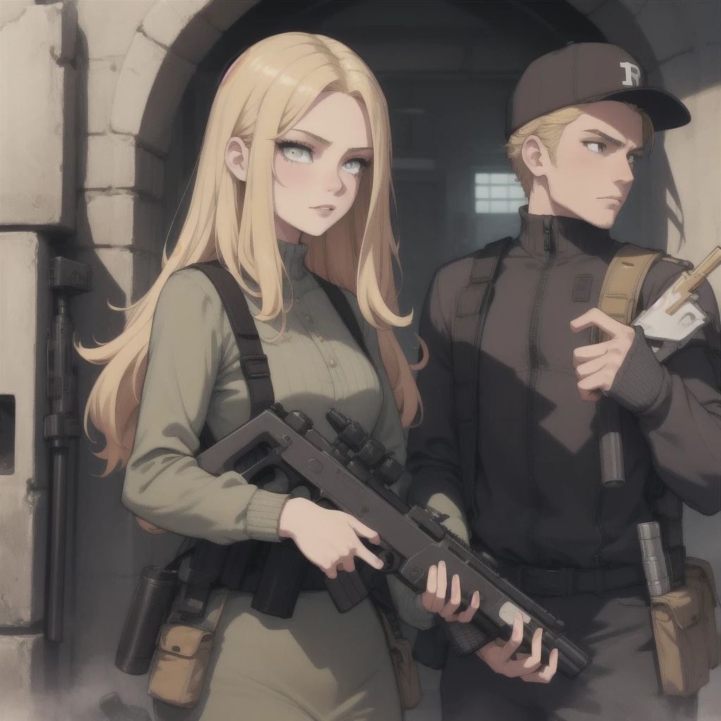 a beautiful blonde girl holding a gun, a man with a gun