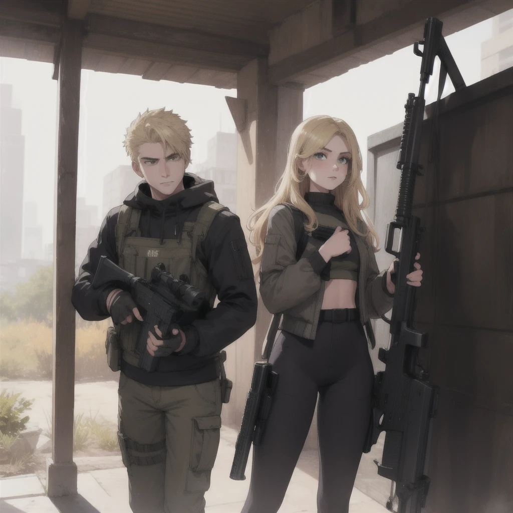 a beautiful blonde girl holding a gun, a man with a gun