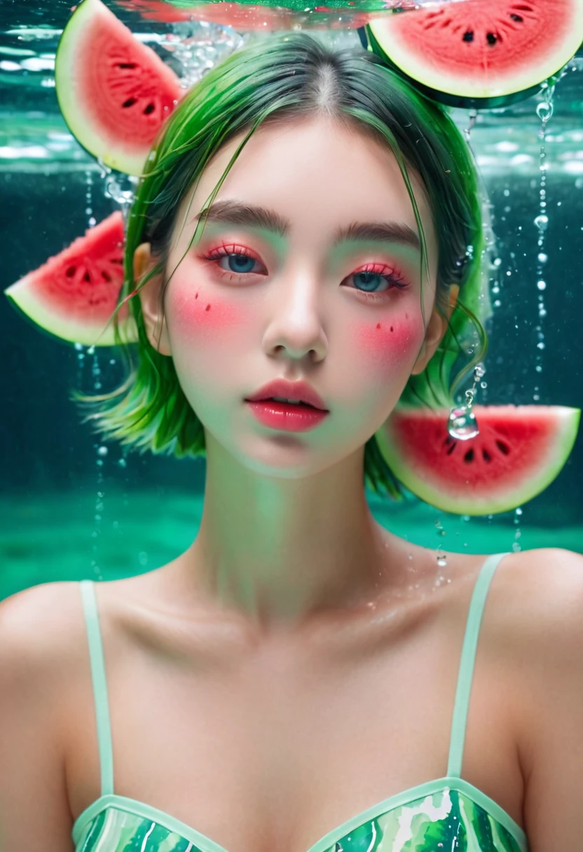 Summer Watermelon Girl,Dopamine teenage, Cool summer days,Chilled watermelon,Ice cubes,The watery girl,Delicate skin,Hydration,Shiny,Shiny,dream,Front view,bust,pearl
