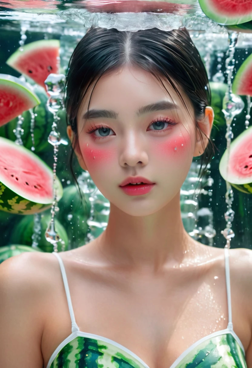 Summer Watermelon Girl,Dopamine teenage, Cool summer days,Chilled watermelon,Ice cubes,The watery girl,Delicate skin,Hydration,Shiny,Shiny,dream,Front view,bust,pearl