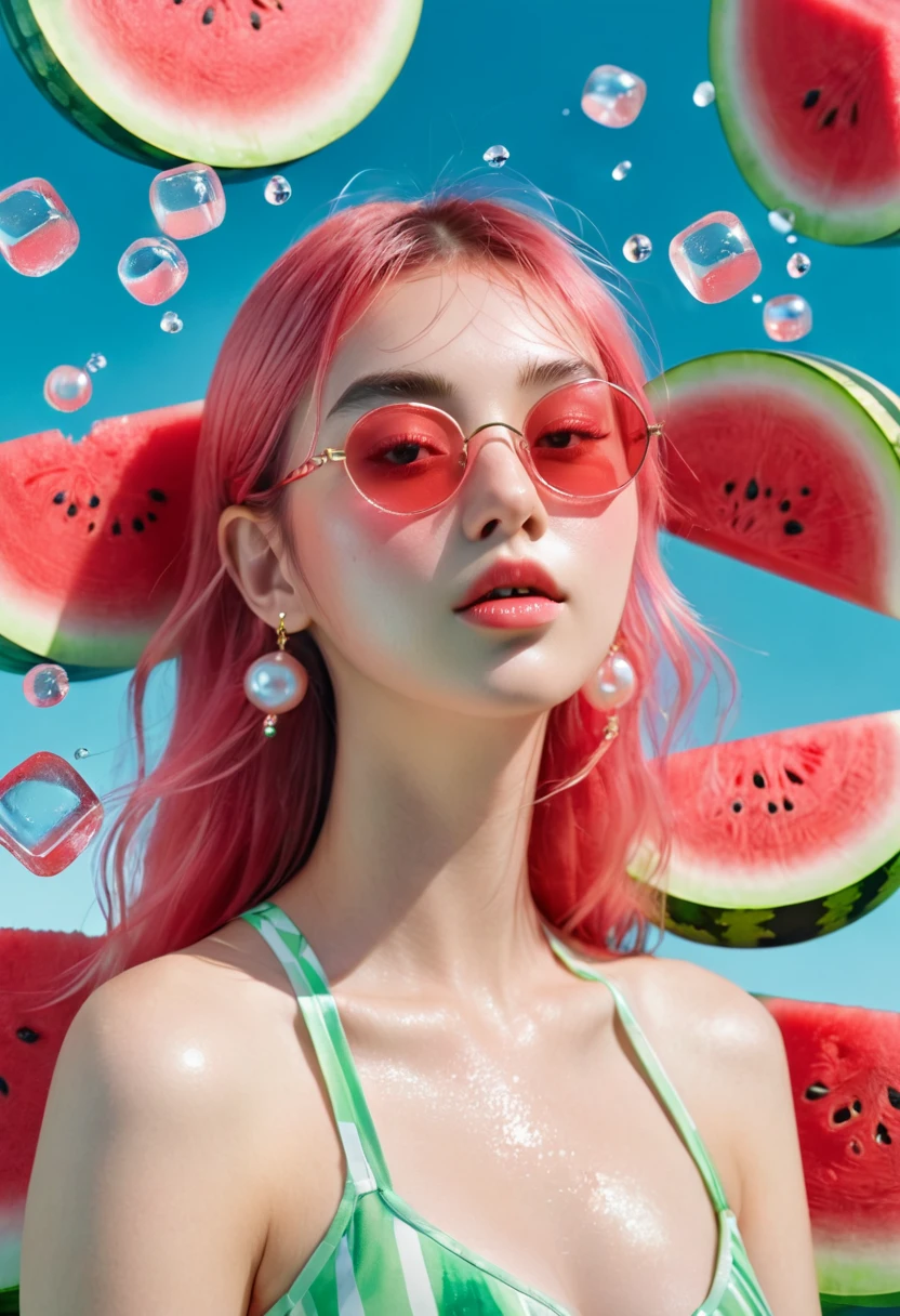 Summer Watermelon Girl,Dopamine teenage, Cool summer days,Chilled watermelon,Ice cubes,The watery girl,Delicate skin,Hydration,Shiny,Shiny,dream,Front view,bust,pearl