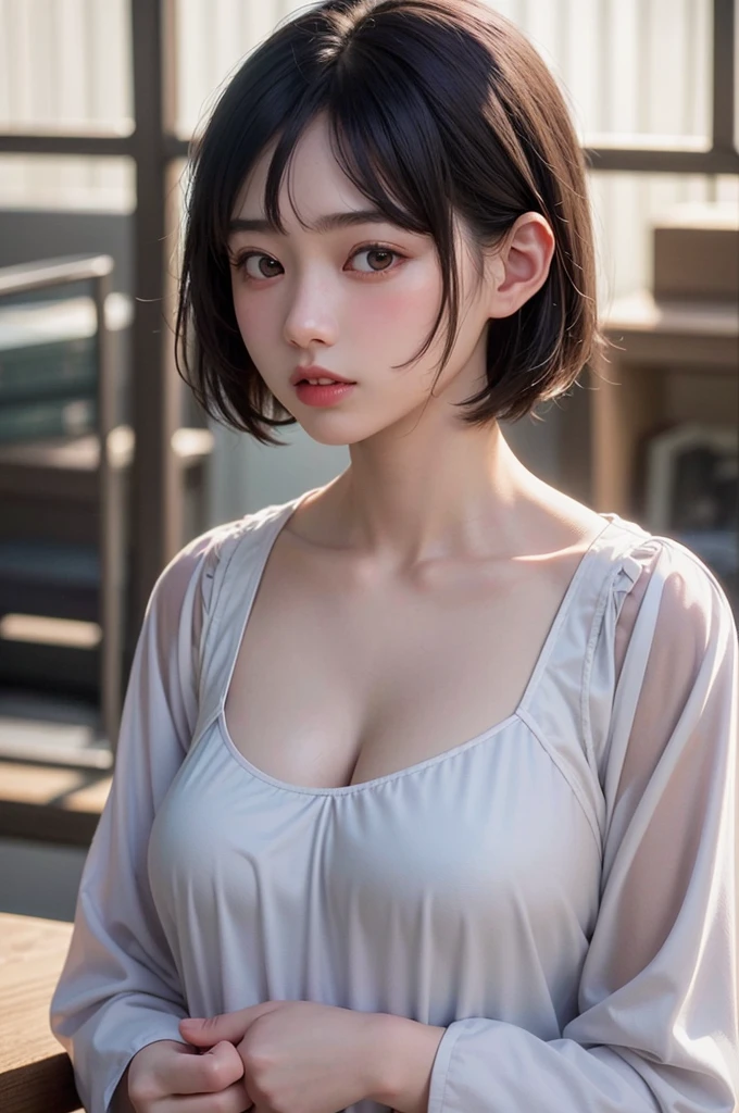 (1 nogizaka girl,15years old face,raw photo,photo realistic:1.5),(best quality, high quality,HDR, highest quality,ultra high resolution,high resolution,high res,ultra high difinition,huge file size,8K,2K wallpaper,8K wallpaper,high quality texture,amazing,an extremely delicate:1.4),one girl, Japanese famous idol,cute face,small face,absurd,ridiculous,incredibly ridiculous,blurry background,(sundress,short hair,cleavage,no makeup:1.2),medium skin,beautiful skin,detailed skin,black hair,silky hair,black eyes,Japanese nose,5-fingers,(Light Particles, Lens Flare, Luminous Particles: 0.7),looking at viewer,bright lighting,professional lighting,girl