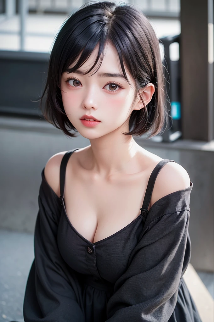 (1 nogizaka girl,ars old face,raw photo,photo realistic:1.5),(best quality, high quality,HDR, highest quality,ultra high resolution,high resolution,high res,ultra high difinition,huge file size,8K,2K wallpaper,8K wallpaper,high quality texture,amazing,an extremely delicate:1.4),one girl, Japanese famous idol,cute face,small face,absurd,ridiculous,incredibly ridiculous,blurry background,(sundress,short hair,cleavage,no makeup:1.2),medium skin,beautiful skin,detailed skin,black hair,silky hair,black eyes,Japanese nose,5-fingers,(Light Particles, Lens Flare, Luminous Particles: 0.7),looking at viewer,bright lighting,professional lighting,girl