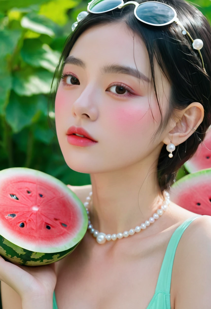 Summer Watermelon Girl，Dopamine teenage， Cool summer days，Chilled watermelon，Ice cubes，The watery girl，Delicate skin，Hydration，Shiny，Shiny，dream，Front view，bust，pearl