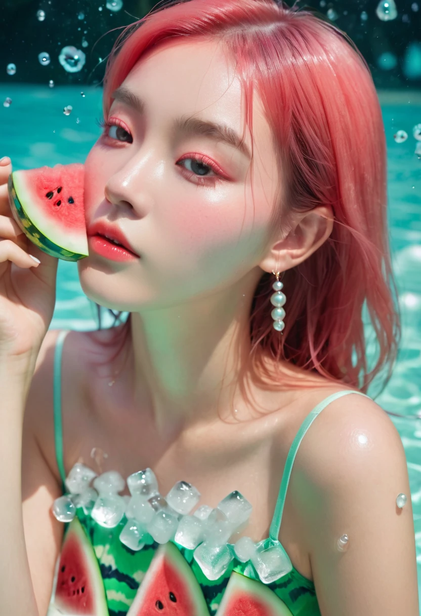Summer Watermelon Girl,Dopamine teenage, Cool summer days,Chilled watermelon,Ice cubes,The watery girl,Delicate skin,Hydration,Shiny,Shiny,dream,Front view,bust,pearl