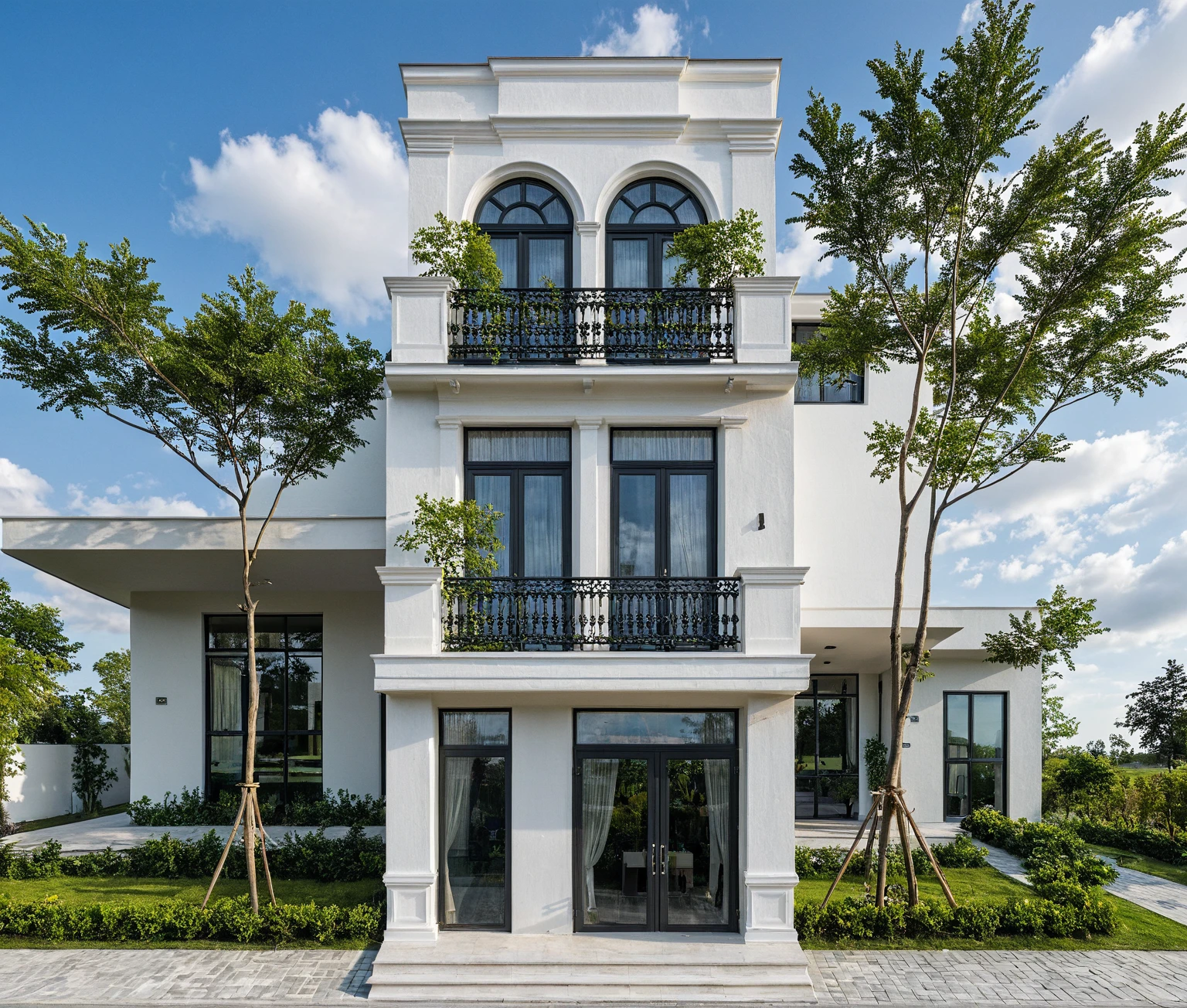 Masterpiece, high quality, best quality, authentic, super detail, outdoors, onestoreyvillaXL, aiaigroup, house style modern on the street ,stairs, white wall ,road,pavement, grass, trees, sky, cloud, (daylight:1.1)