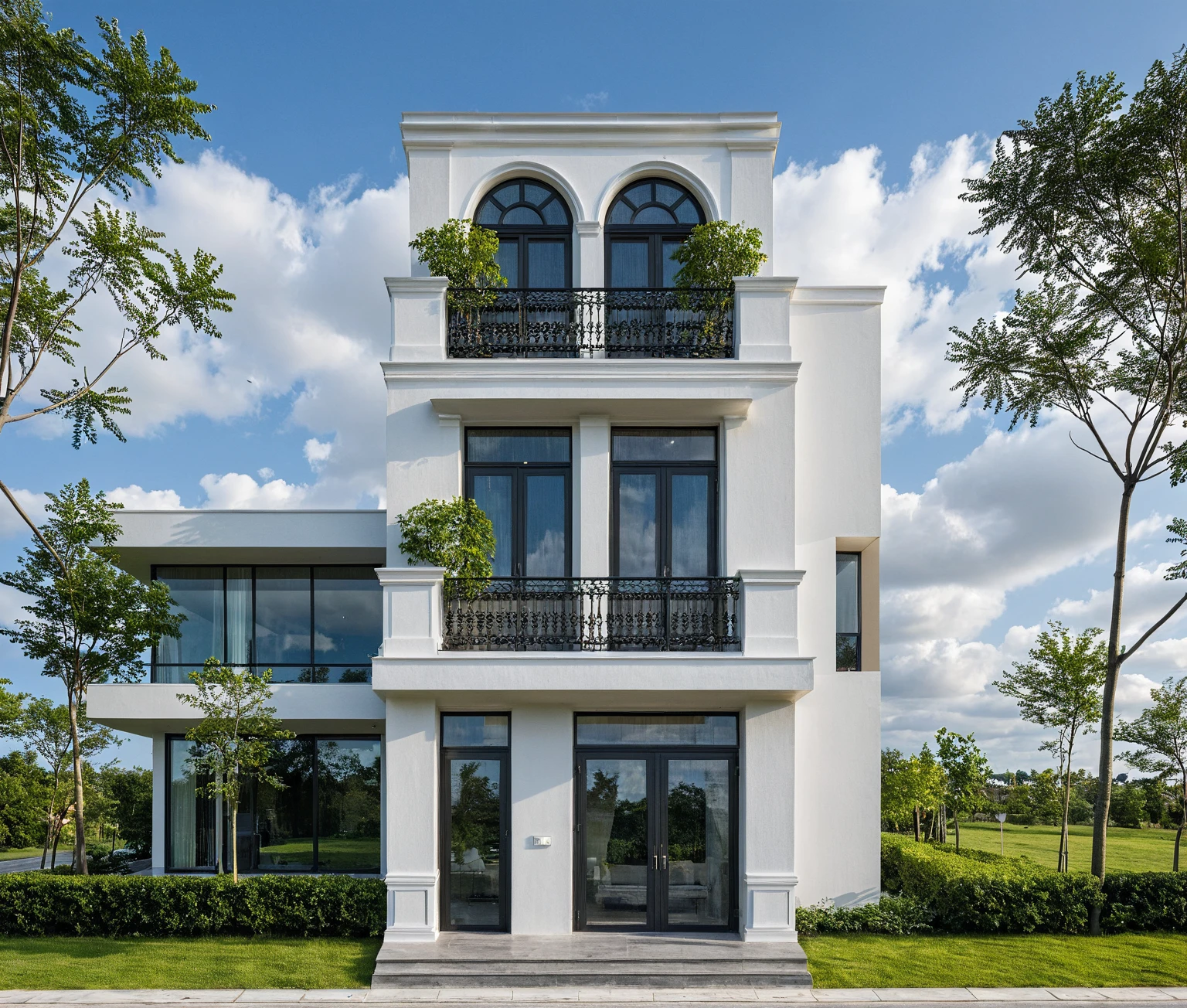 Masterpiece, high quality, best quality, authentic, super detail, outdoors, onestoreyvillaXL, aiaigroup, house style modern on the street ,stairs, white wall ,road,pavement, grass, trees, sky, cloud, (daylight:1.1)
