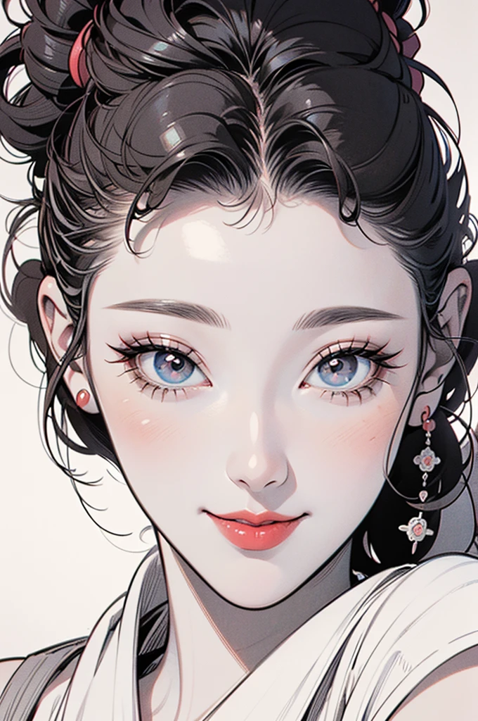 ((Manga illustration)), ((princess leia)) close up portrait ,solo , medium short hair, looking at viewer, blush , smile , happy , red lipstick,close up portrait, solo, focus on eyes, plain background, (in vector style), ((monochrome Manga drawing))