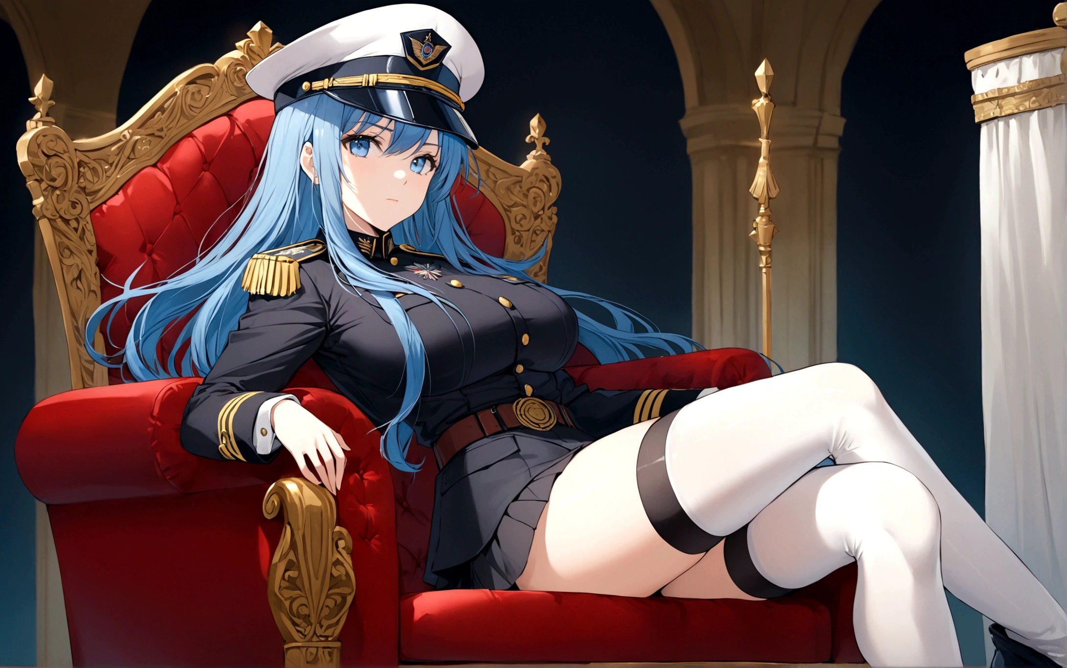 1girl, solo, long hair, breasts, blue eyes, large breasts, thighhighs, hat, sitting, blue hair, boots, uniform, white thighhighs, zettai ryouiki, military, military uniform, thigh boots, crossed legs, letterboxed, peaked cap, couch, throne