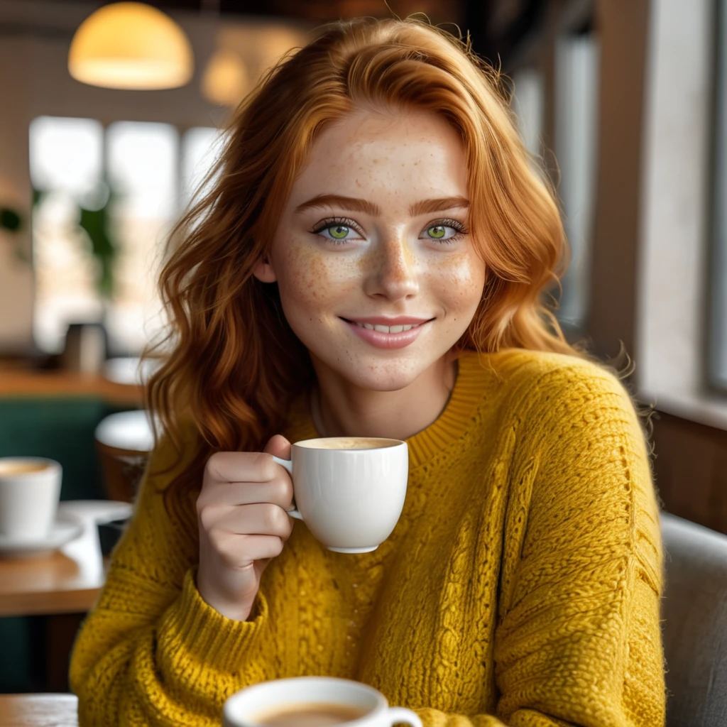 Cute beautiful ginger woman with freckles with yellow sweater (Drinking coffee in a modern café at sunset), muito detalhado, 19 years old, innocent face, naturally wavy hair, green eyes, high-res, ​masterpiece, best qulaity, Intricate detailing, muito detalhado, sharp focus, detailed skin, realistie Hauttextur, Textur, detailled eyes, professional, 4K, charming smile, taken with Canon, 85 mm, light depth of field, Kodak Vision Color, perfectly fitting body, extremely detail, photoshot_\(ultra\), fotorealisti, realisti, Post processing, maximum details, roughness, real life, ultrarealisti, photoshotrealismus, photoshotgrafie, 8K UHD, photoshotgrafie