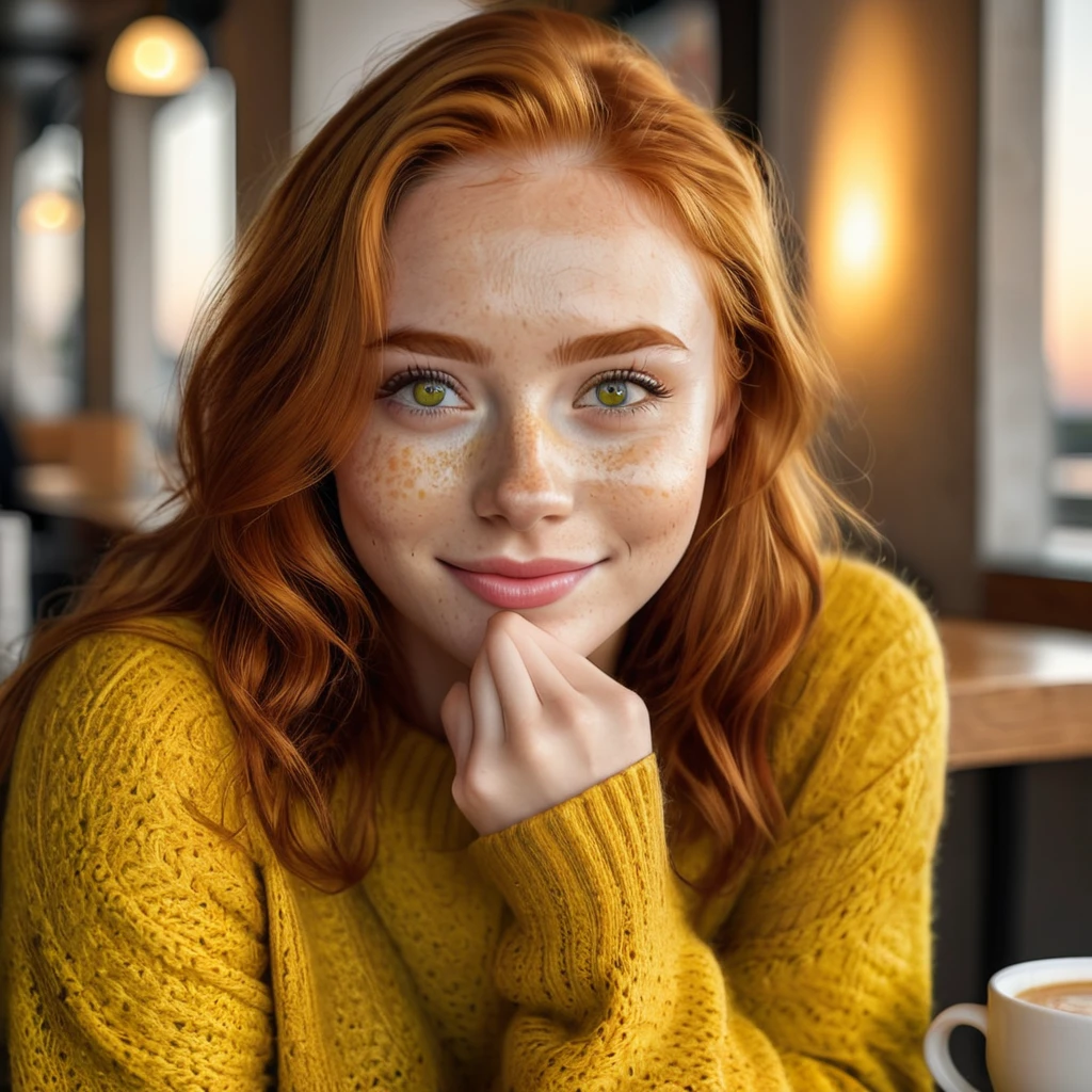 Cute beautiful ginger woman with freckles with yellow sweater (Drinking coffee in a modern café at sunset), muito detalhado, 19 years old, innocent face, naturally wavy hair, green eyes, high-res, ​masterpiece, best qulaity, Intricate detailing, muito detalhado, sharp focus, detailed skin, realistie Hauttextur, Textur, detailled eyes, professional, 4K, charming smile, taken with Canon, 85 mm, light depth of field, Kodak Vision Color, perfectly fitting body, extremely detail, photoshot_\(ultra\), fotorealisti, realisti, Post processing, maximum details, roughness, real life, ultrarealisti, photoshotrealismus, photoshotgrafie, 8K UHD, photoshotgrafie