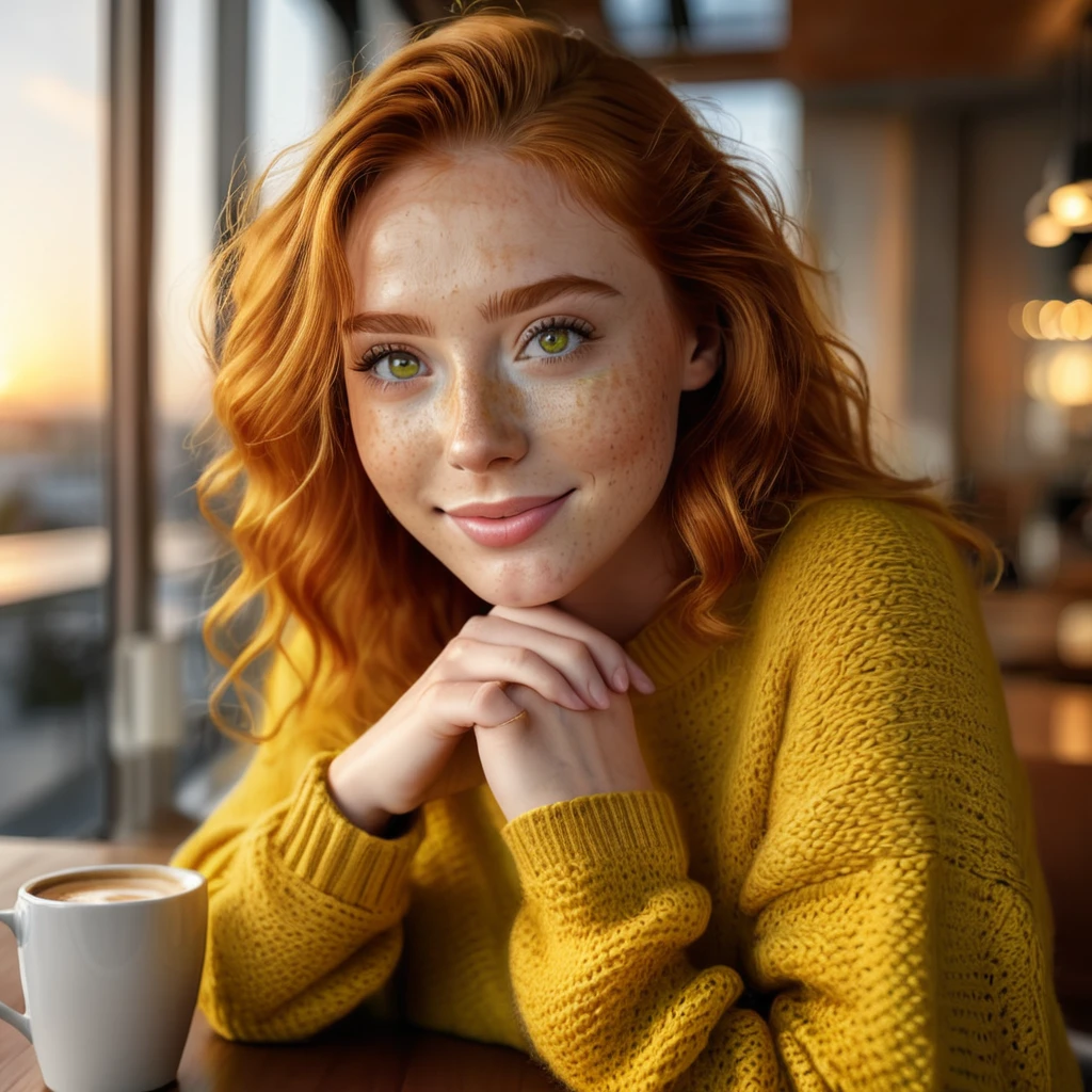 Cute beautiful ginger woman with freckles with yellow sweater (Drinking coffee in a modern café at sunset), muito detalhado, 19 years old, innocent face, naturally wavy hair, green eyes, high-res, ​masterpiece, best qulaity, Intricate detailing, muito detalhado, sharp focus, detailed skin, realistie Hauttextur, Textur, detailled eyes, professional, 4K, charming smile, taken with Canon, 85 mm, light depth of field, Kodak Vision Color, perfectly fitting body, extremely detail, photoshot_\(ultra\), fotorealisti, realisti, Post processing, maximum details, roughness, real life, ultrarealisti, photoshotrealismus, photoshotgrafie, 8K UHD, photoshotgrafie