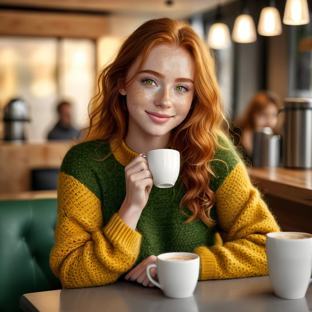 Cute beautiful ginger woman with freckles with yellow sweater (Drinking coffee in a modern café at sunset), muito detalhado, 19 years old, innocent face, naturally wavy hair, green eyes, high-res, ​masterpiece, best qulaity, Intricate detailing, muito detalhado, sharp focus, detailed skin, realistie Hauttextur, Textur, detailled eyes, professional, 4K, charming smile, taken with Canon, 85 mm, light depth of field, Kodak Vision Color, perfectly fitting body, extremely detail, photoshot_\(ultra\), fotorealisti, realisti, Post processing, maximum details, roughness, real life, ultrarealisti, photoshotrealismus, photoshotgrafie, 8K UHD, photoshotgrafie