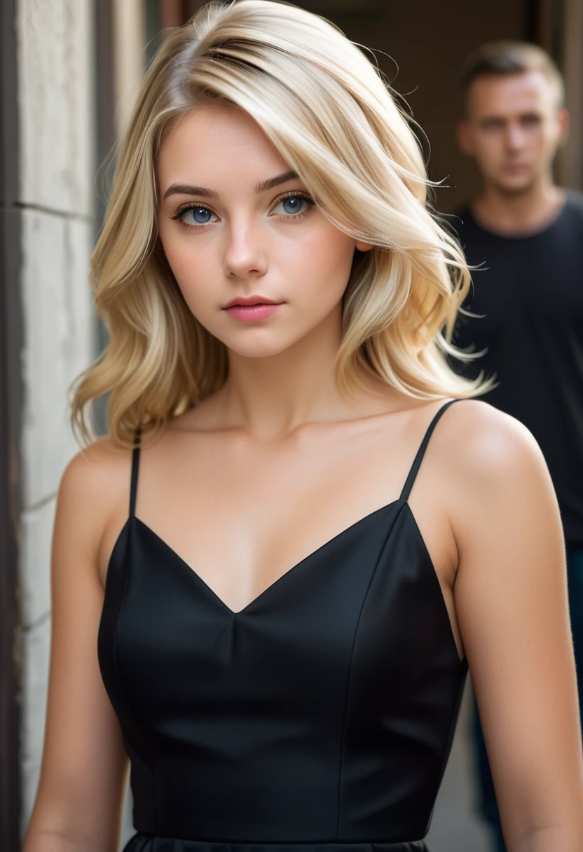 color photography, medium shot, black dress, foreground, ((A realistic photo of a beautiful 25 year old blonde girl.)