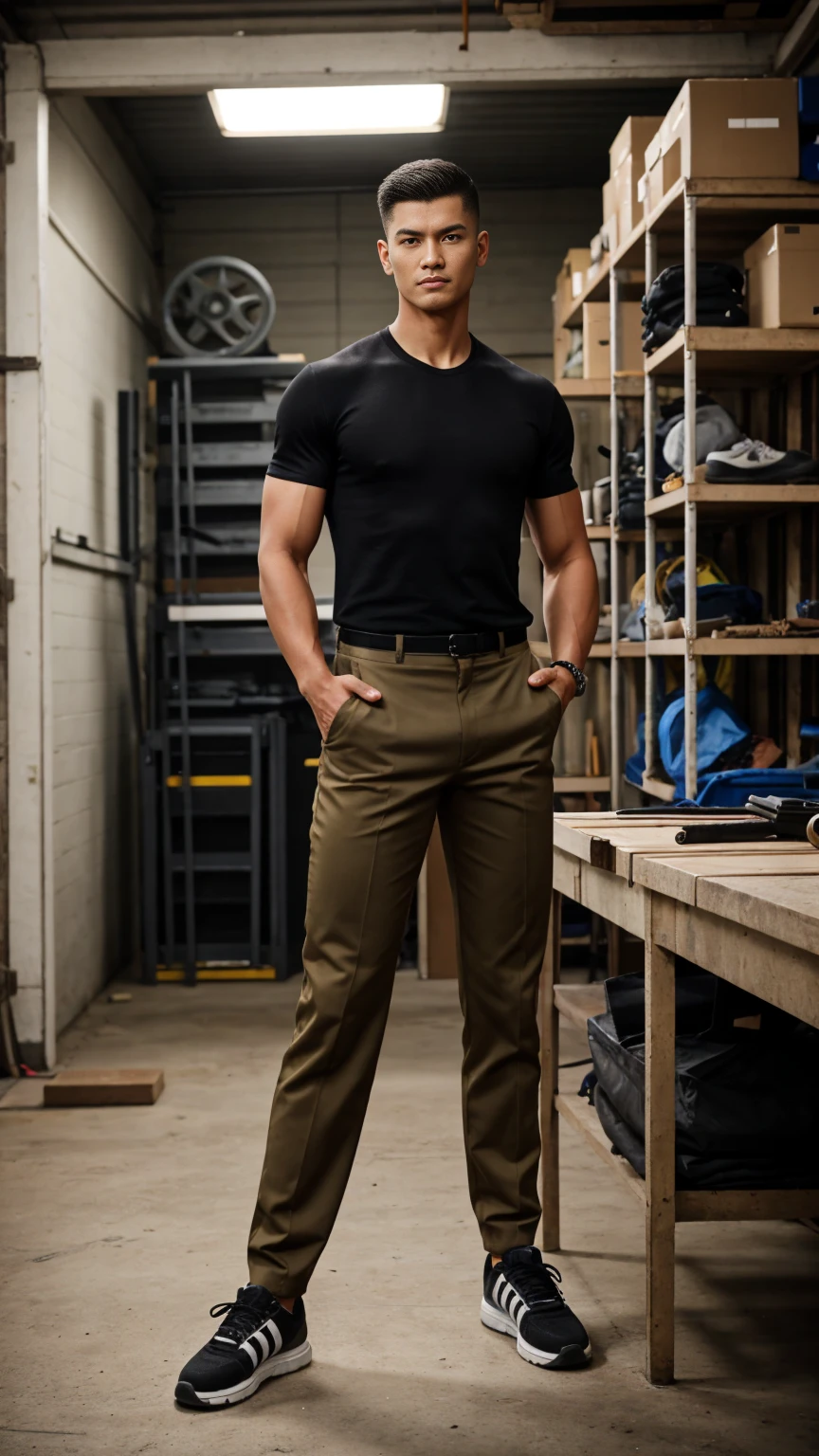 full body, A woman with a masculine face, short haired, tall, and muscular, black shirt, khaki trousers, and sneakers , standing in the workshop, facing forward, stand up straight, masculine pose, calm expression, detailed face, detailed background, bright light, sunlight