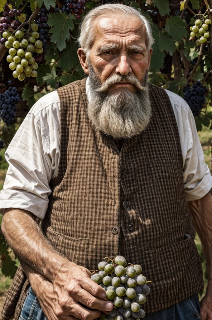 old man 80 years old suffering big beard holding bunch of grapes near his face