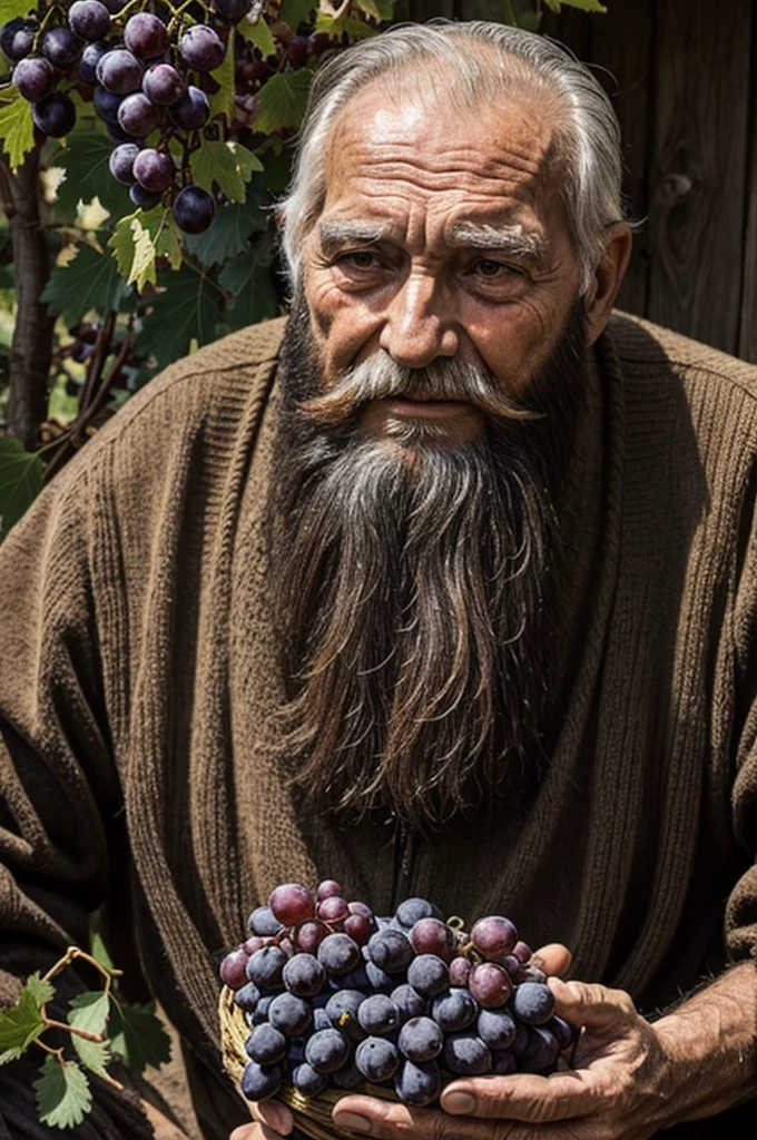 old man 80 years old suffering big beard holding bunch of grapes near his face