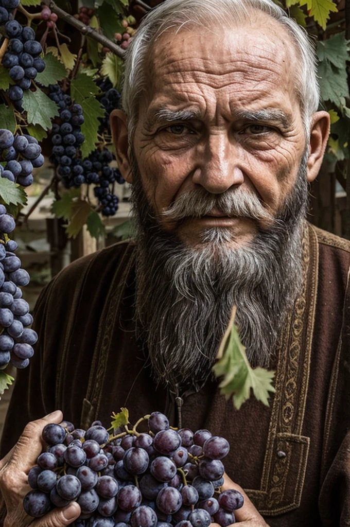 old man 80 years old suffering big beard holding bunch of grapes near his face