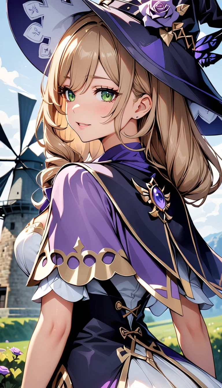 beautiful girl, Perfect Face, Place your arms at your sides, masterpiece, Ultra-high resolution, high quality, 4K, Upper Body:1.5,  Lisa (Genshin Impact), urple witch hat, Green Eyes, Brown Hair,  bangs, dress, Rose, jewelry, witch, Capelet, Purple hat, Black gloves, Purple Flower, Hair between the eyes, purple Rose, Release your lips, purple Capelet, Hat Flower, multicolored dress, hair ornaments,  windmill, From the side,