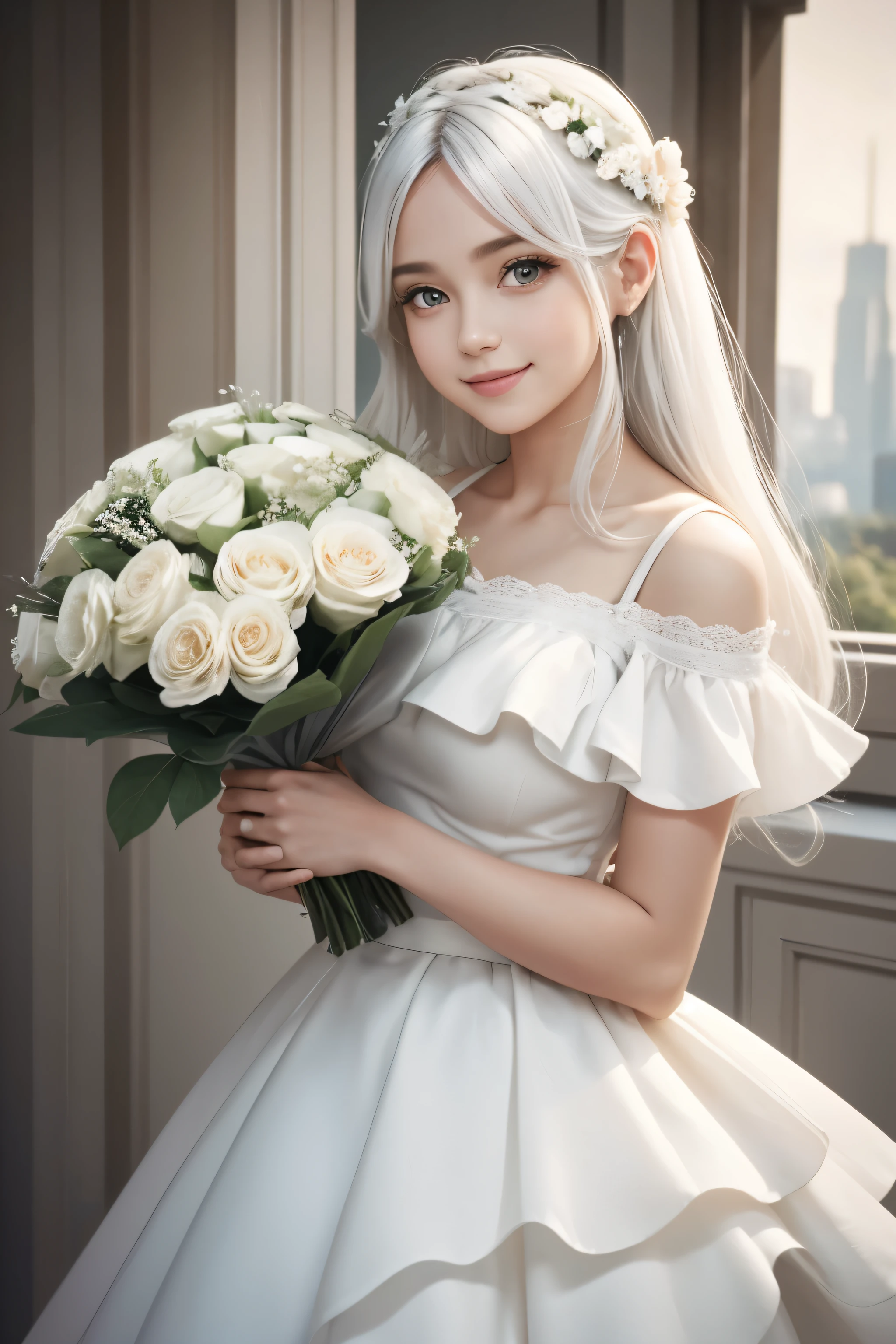 A captivating visual representation of a youthful, radiant girl holding a bouquet of whole flowers with a radiant smile. The white skirt she is wearing adds to her innocent charm. Her long, cascading white hair adds a dreamlike quality to the portrait. The background is clean and detailed, with a bubble matte style and a smooth clay material that harmonizes with the harmonious color tones. The strong depth and 3D perspective create a sense of vastness, while the 9:16 ratio and 32k resolution ensure high quality and high resolution. The image is rendered in C4D and Blender for added detail and realism. A simple, minimal background complements the main subject,