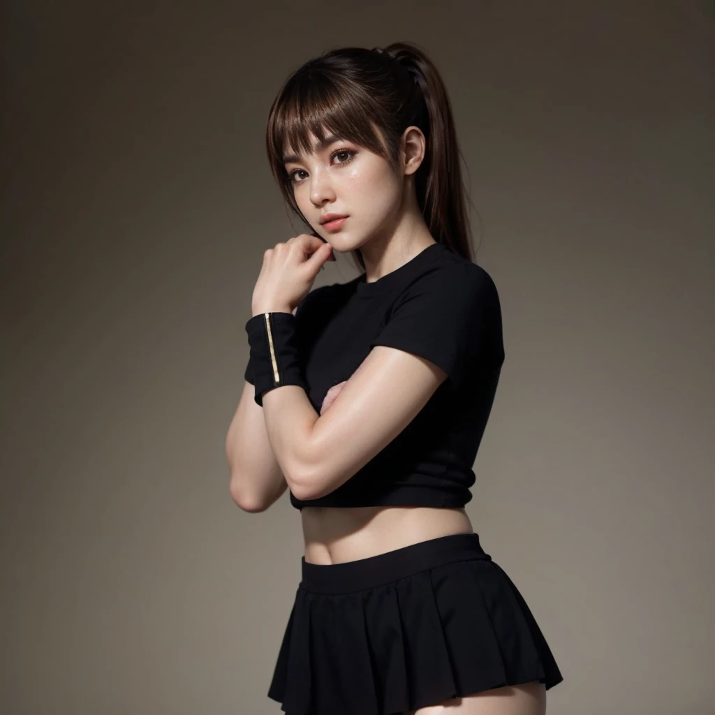 Kasumi, brown eyes, (best quality, ultra-detailed), (realistic:1.37), beautiful and detailed face, ultra-realistic texture, delicate face, delicate body, red lipstick, bright colors. High definition, 8K.