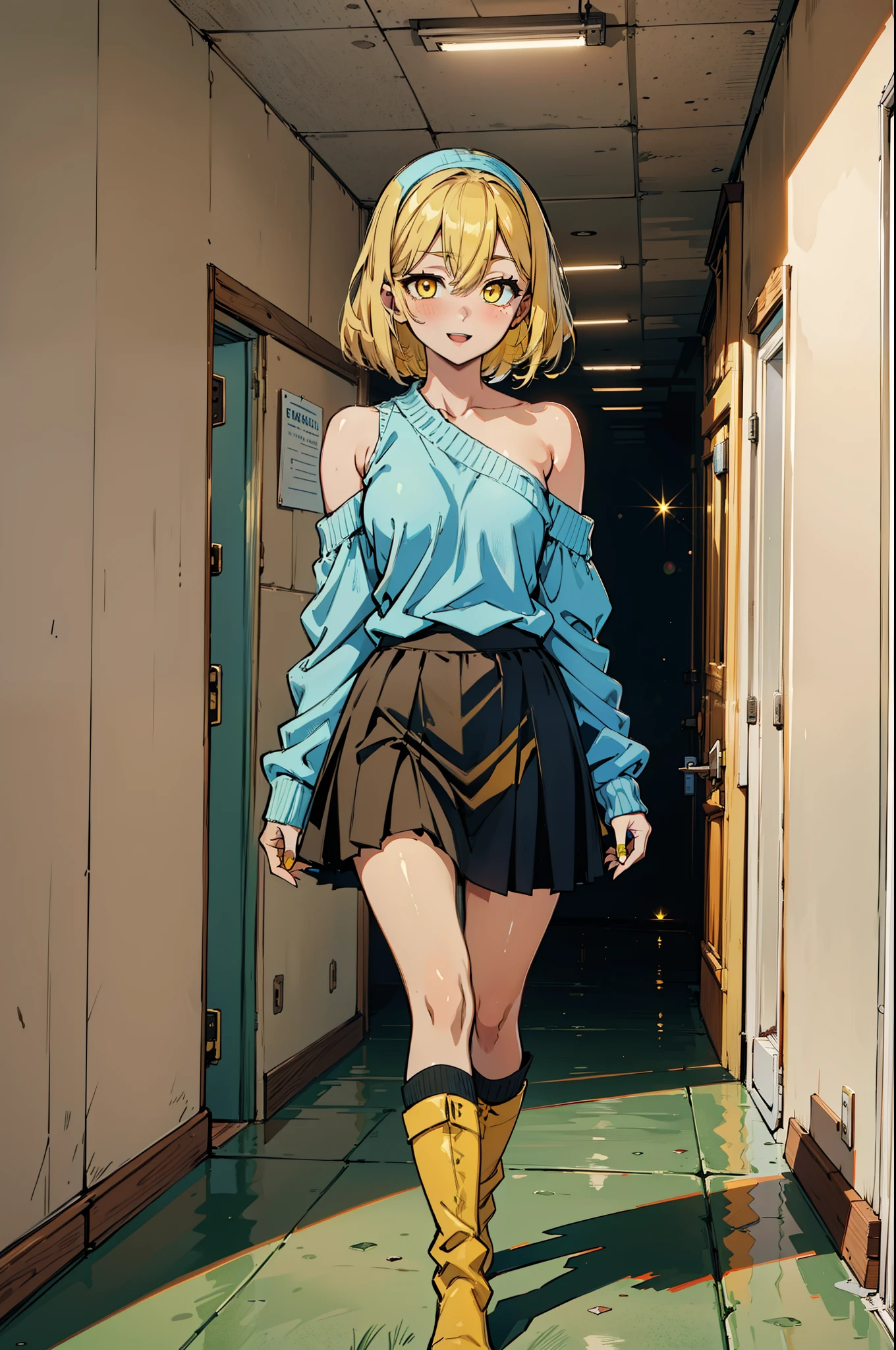 (アイスWallenstein, Wallenstein, blonde, Hair between the eyes, hair band, happy smile, smile, Open your mouth,Blonde,Long Hair, (Yellow Eyes:1.5),One-shoulder sweater,Long skirt,short boots,Walking,Daytime,Clear skies,whole bodyがイラストに入るように,　　　　　　　　　　　　　　　　　break looking at viewer, whole body,　　　　　　　　　　　break indoors,School,corridor,　　　　　　　　　　　　　　　 break (masterpiece:1.2), Highest quality, High resolution, unity 8k wallpaper, (shape:0.8), (Beautiful and beautiful eyes:1.6), Highly detailed face, Perfect lighting, Extremely detailed CG, (Perfect hands, Perfect Anatomy),