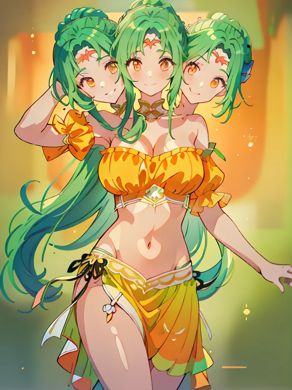 (masterpiece, best quality), best resolution, (3heads:1.5), 1girl, green hair, long flowing hair, smiling, grinning, open belly, white-orange crop top, orange-white miniskirt, open breasts, huge tits, curls, sexy pose, ponytail,
