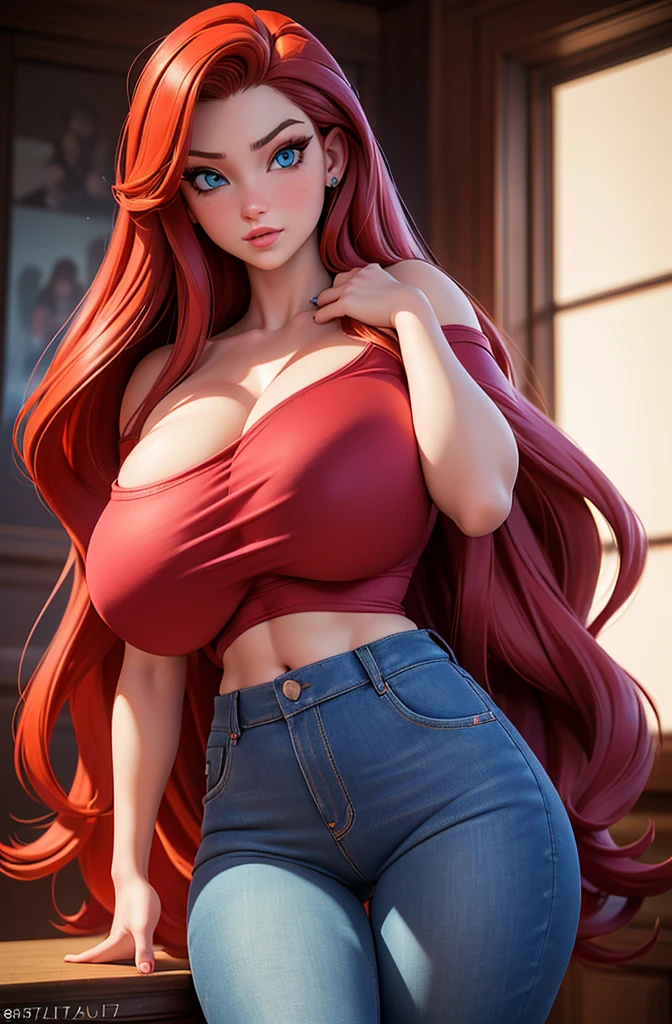 best quality,ultra detailed,Realistic:1.37,photoRealistic:1.37,portrait,studio lighting,sharp focus,long straight red hair,detailed vibrant blue eyes,beautiful detailed lips,21 year old woman,worn jeans,colored t-shirt mint, with ((((( huge fake breasts：48.7 )))), big ass, big hip