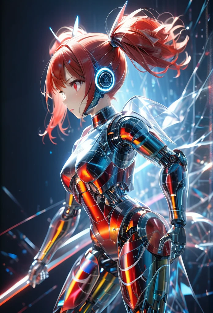 A highly detailed 8k resolution rendering of a 1 girl robot girl with red hair, twin tails, and red eyes, (with one hand holding a red and white long sword:1.3), with a blue sky background, the figure moving at high speed from a side view, (with a protector for the face and head:1.2), showing the whole body, Hold the sword accurately with one hand,cinematic lighting, sharp focus, hyper-detailed, realistic, masterpiece, vibrant colors, dynamic composition