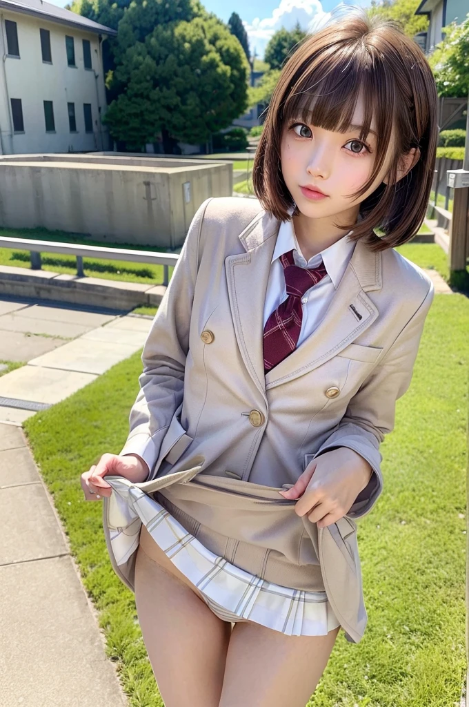 One Woman、((Standing wearing a blazer and miniskirt school uniform))、,((small breasts)),Highest quality、Very delicate and beautiful、((Very short bangs))、((Bangs))、明るいつやのある茶色の髪のHighest quality、Very delicate and beautiful、((Very short bangs))、((blunt bangs))、Light shiny brown hair、The hair is light、((Short Bob))、Cute face、Young face、Cute like an idol、Are thin、Slim figure、slender、Short、 body type、((The background is the elementary school yard.g from the side、profile、