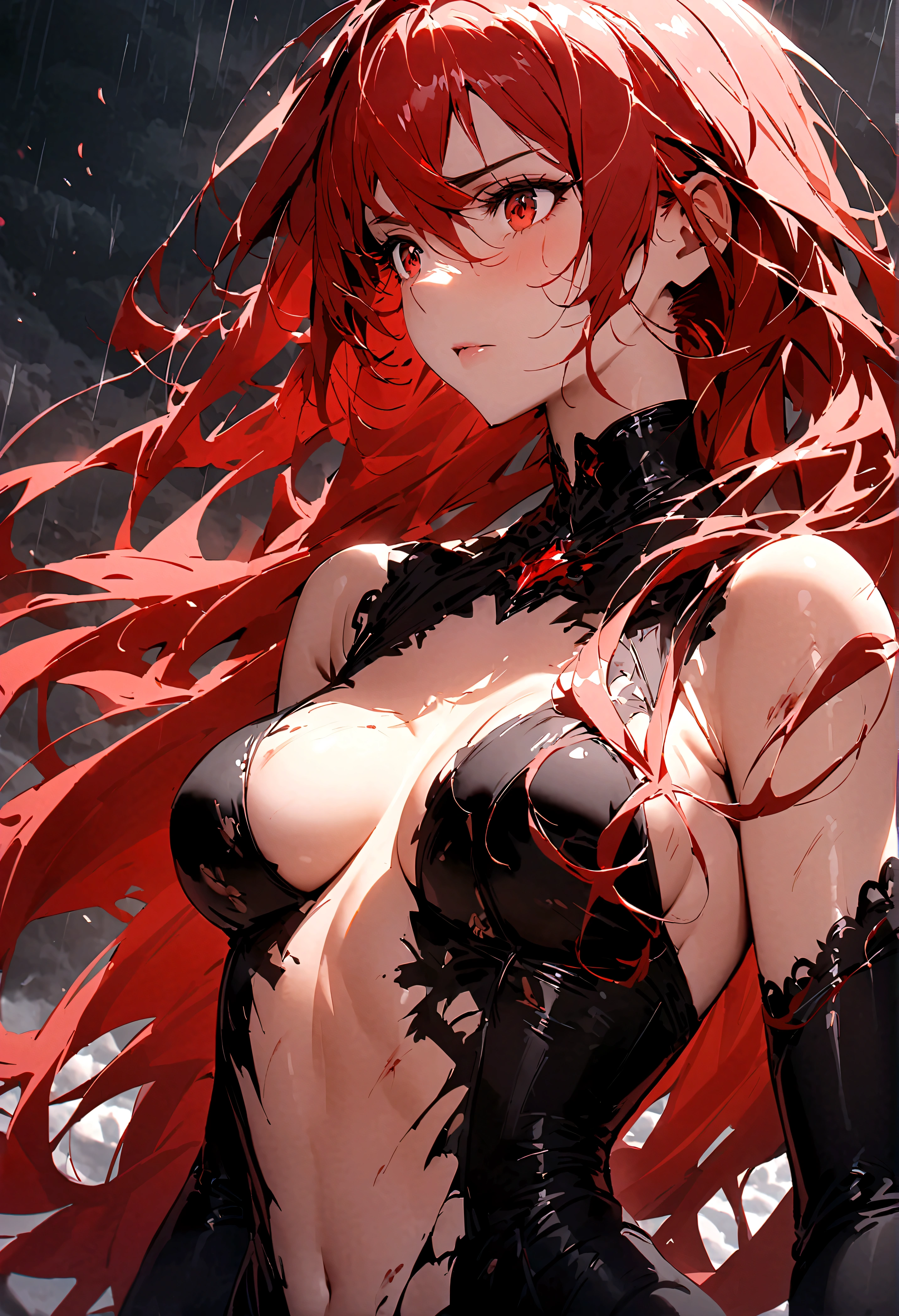 (only one person),Dark sky,heavy rain,Red lightning,dark clouds,(Battle damage),Flowing hair,Sexy women