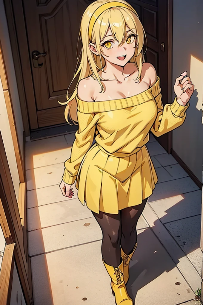 (アイスWallenstein, Wallenstein, blonde, Hair between the eyes, hair band, happy smile, smile, Open your mouth,Blonde,Long Hair, (Yellow Eyes:1.5),One-shoulder sweater,Long skirt,short boots,Walking,Daytime,Clear skies,whole bodyがイラストに入るように,　　　　　　　　　　　　　　　　　break looking at viewer, whole body,　　　　　　　　　　　break indoors,School,corridor,　　　　　　　　　　　　　　　 break (masterpiece:1.2), Highest quality, High resolution, unity 8k wallpaper, (shape:0.8), (Beautiful and beautiful eyes:1.6), Highly detailed face, Perfect lighting, Extremely detailed CG, (Perfect hands, Perfect Anatomy),