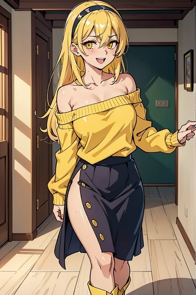 (アイスWallenstein, Wallenstein, blonde, Hair between the eyes, hair band, happy smile, smile, Open your mouth,Blonde,Long Hair, (Yellow Eyes:1.5),One-shoulder sweater,Long skirt,short boots,Walking,Daytime,Clear skies,whole bodyがイラストに入るように,　　　　　　　　　　　　　　　　　break looking at viewer, whole body,　　　　　　　　　　　break indoors,School,corridor,　　　　　　　　　　　　　　　 break (masterpiece:1.2), Highest quality, High resolution, unity 8k wallpaper, (shape:0.8), (Beautiful and beautiful eyes:1.6), Highly detailed face, Perfect lighting, Extremely detailed CG, (Perfect hands, Perfect Anatomy),