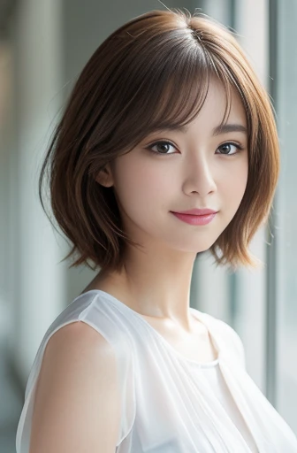 (Raw photo), (Photo realistic), (masterpiece), (Highest quality), High resolution, 8K resolution, (Exquisite detail), (Volumetric Light), Portraiture, woman, Age 35, short hair, Straight Hair, Brown haired, Very white and translucent skin,Highly detailed eyes, Source Order, Very fine eyebrows, eyelash,Highly detailed skin, Highly detailed mouth, Highly detailed nose, The best beauty,Cute like an idol, Smile, ((Look at the viewers)), (An elegant and transparent white blouse), Random Body Orientation,Ample breasts,valley