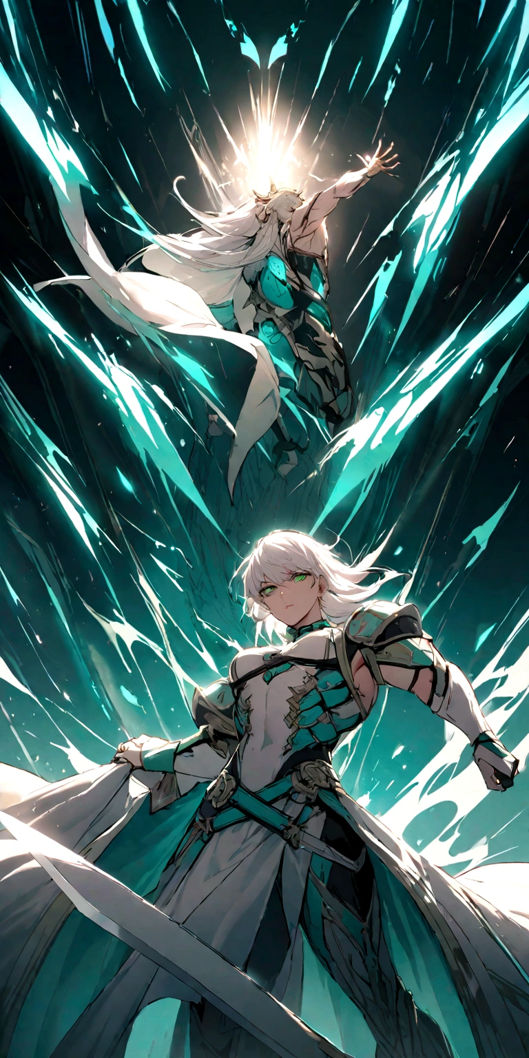 I want you to create a character with turquoise green eyes with white hair with an extraordinary physique, seriously extraordinary with a sword 