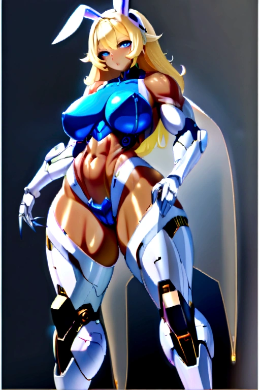Mecha suit, Monster girl, bunny girl, voluptuous, muscular, dark skin, blonde hair, blue eyes