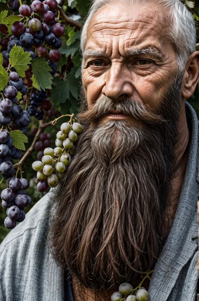 old man 80 years old suffering big beard holding bunch of grapes near his face