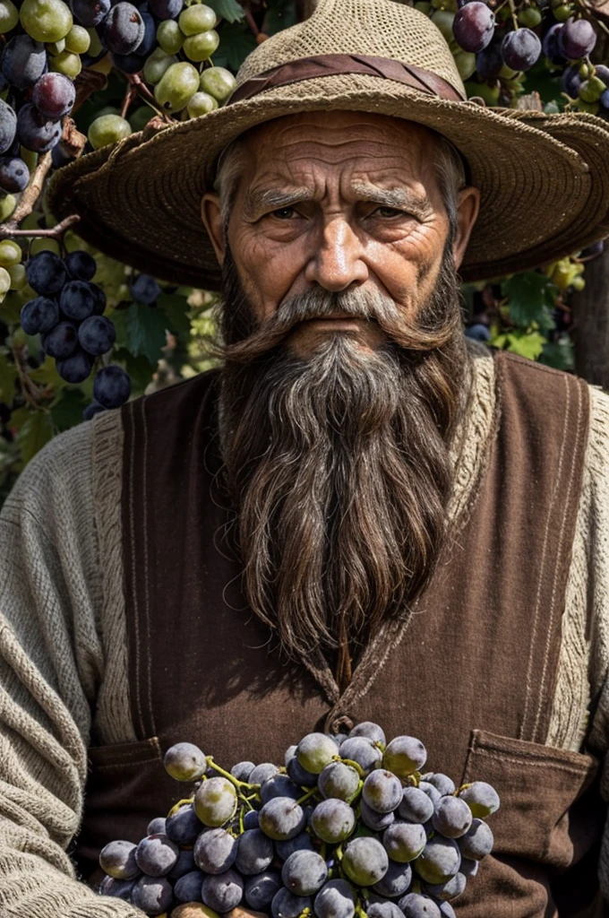 old man 80 years old suffering big beard holding bunch of grapes near his face