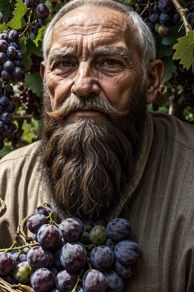 old man 80 years old suffering big beard holding bunch of grapes near his face