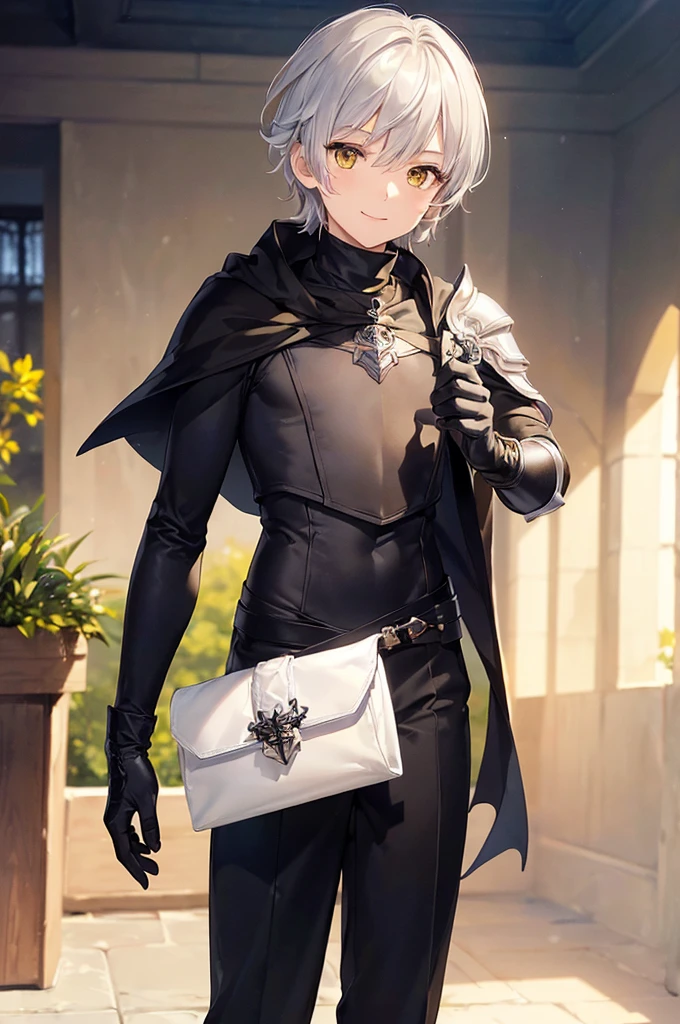 (masterpiece; best quality: 1.2), (finely detailed eyes: 1.3), ((1 male )), ((solo)), (yellow eyes: 1.4), (adorable; short, slender: 1.3), (short white hair: 1.3), (beautiful and clear background: 1.2), ((depth of field)), (clothes: silver armor + black turtleneck + black pants + black cape + black gloves + brown bag on side: 1.3), (anime illustration: 1.2), (background; garden exterior: 1.1), (extremely fine and handsome: 1.1), (shot composition; standing + close-up: 1.5), (expression; calm, smile: 1.2)