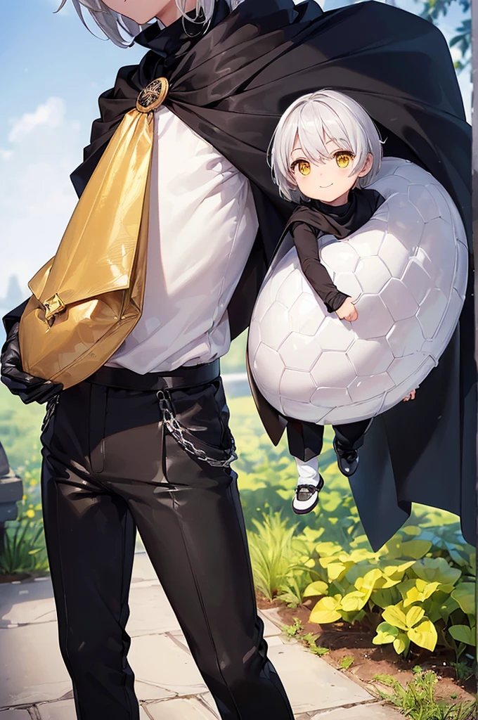 (masterpiece; best quality: 1.2), (finely detailed eyes: 1.3), ((1 male young ???)), ((solo)), (yellow eyes: 1.4), (adorable; short, slender: 1.3), (short white hair: 1.3), (beautiful and clear background: 1.2), ((depth of field)), (clothes: silver armor + black turtleneck + black pants + black cape + black gloves + brown bag on side: 1.3), (anime illustration: 1.2), (background; garden exterior: 1.1), (extremely fine and handsome: 1.1), (shot composition; standing + close-up: 1.5), (expression; calm, smile: 1.2)