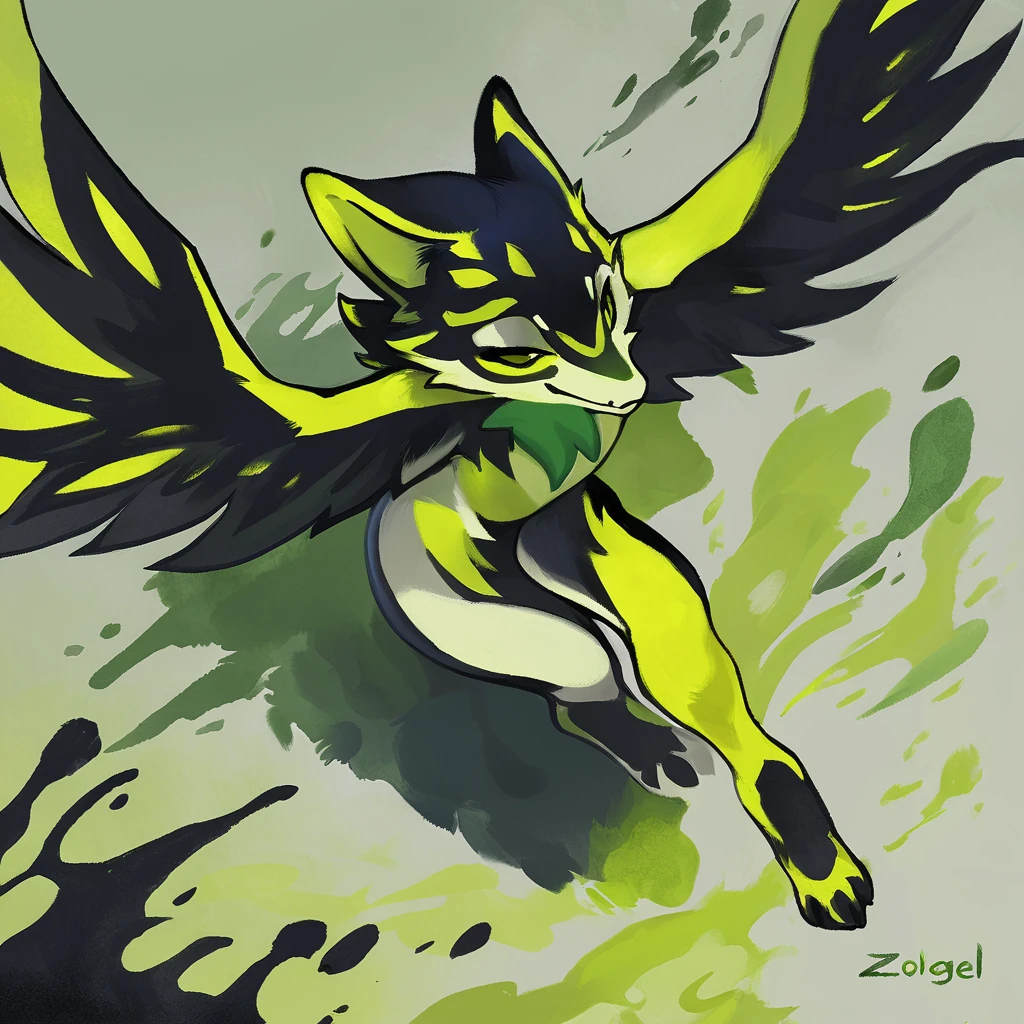 Zolgel with bright-green and yellow-green color palette with background in ink and wash art style