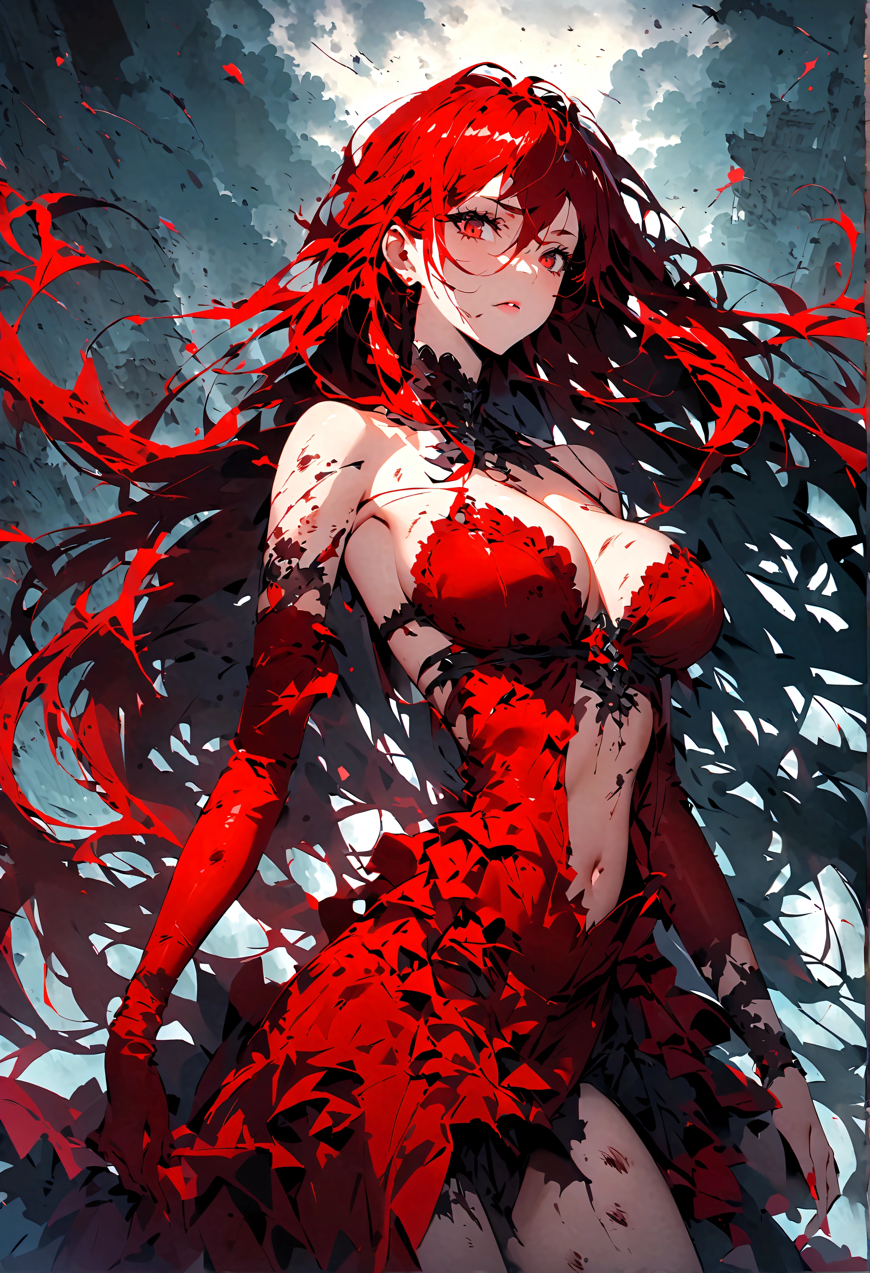 Damsel in distress. Human woman (young 18. red miniskirt (damaged and torn), red fishnet top) is fleeing through the woods crying and scared, werewolf chasing her, forest