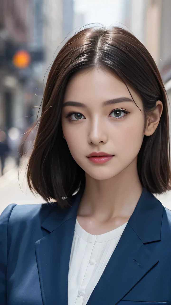 ((Top quality, 8K, masterpiece: 1.3)), Upper Body, Beautiful woman, Single Ladies, fit: 1.1, Dark brown hair, Blue Suit, Super detailed face, Detailed lips, delicate eyes, Double eyelids, on the street