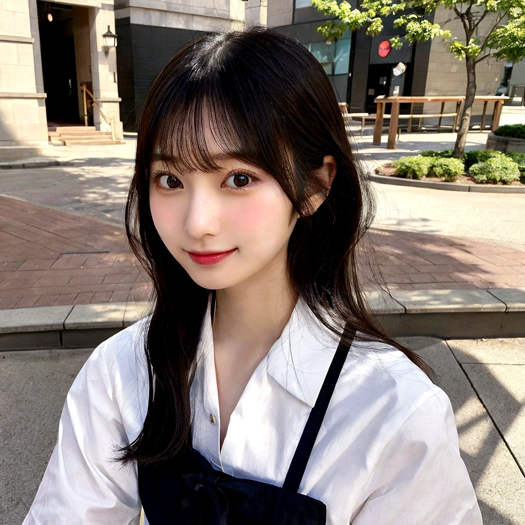 solo, Japanese woman, H cup, cute, erotic, model's expression, Starbucks uniform, black straight hair, straight bangs, oval face, large round dark eyes, small well-shaped nose, small full lips, warm smile, thin neat eyebrows, clean and approachable aura,