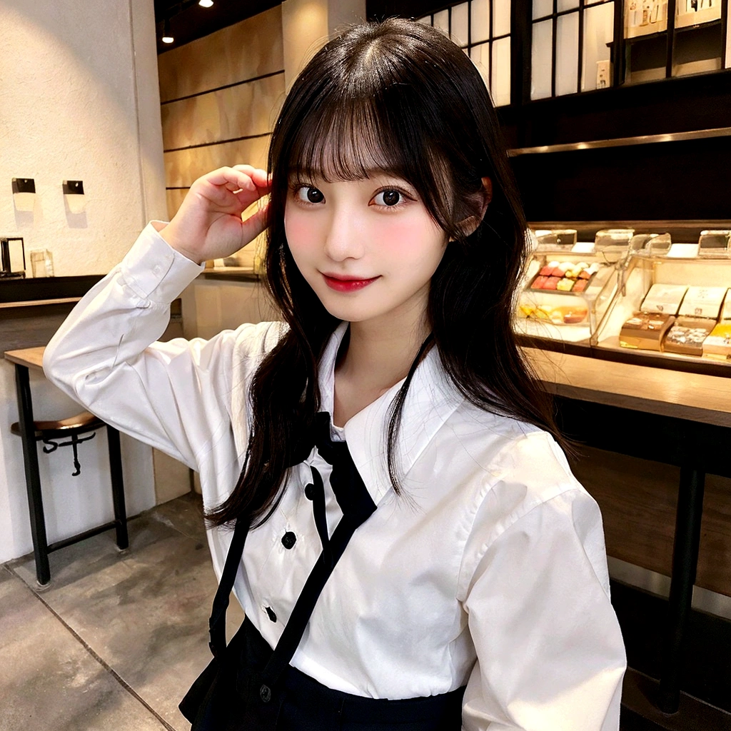 solo, Japanese woman, H cup, cute, erotic, model's expression, Starbucks uniform, black straight hair, straight bangs, oval face, large round dark eyes, small well-shaped nose, small full lips, warm smile, thin neat eyebrows, clean and approachable aura,