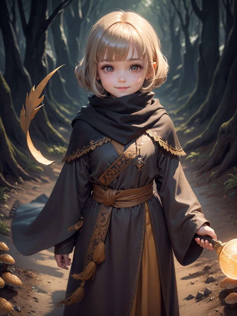 Best picture quality, role-playing game world, lovely five-year-old girl, ochre-colored mushroom-cut hairstyle, amazingly large shining eyes holding a magic wand and wearing a black scarf and gray robe-like clothes, long eyelashes, neat , friendly and bright smile, braveand accompanied by a wizard and a warrior,